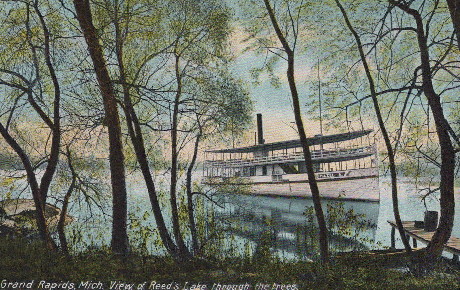 Boat View of Reeds Lake through the trees Grand Rapids Michigan MI Mich Postcard