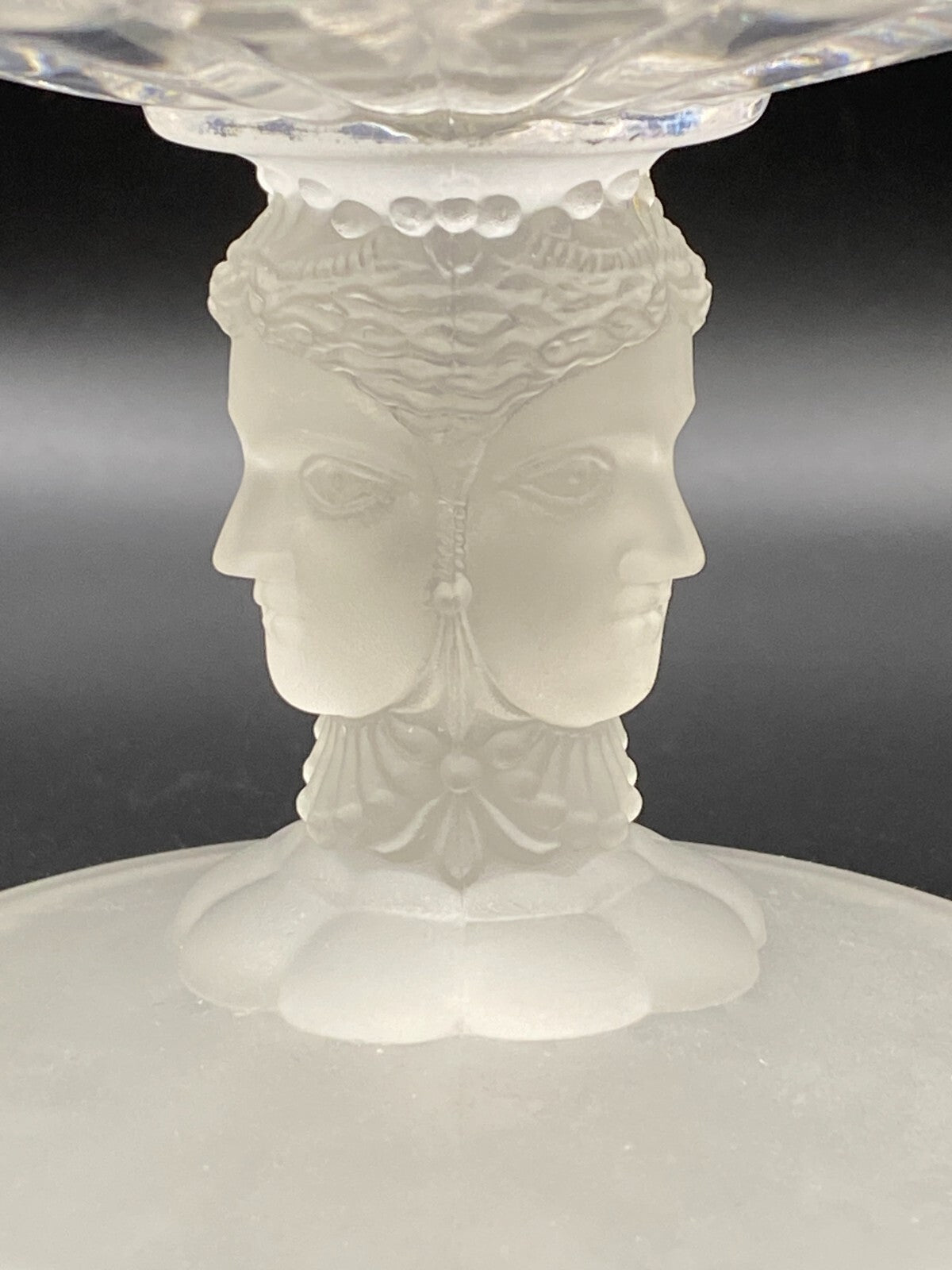 EAPG DUNCAN THREE FACES ENGRAVED CLEAR & Frosted GLASS MILLER COMPOTE Lid Heads