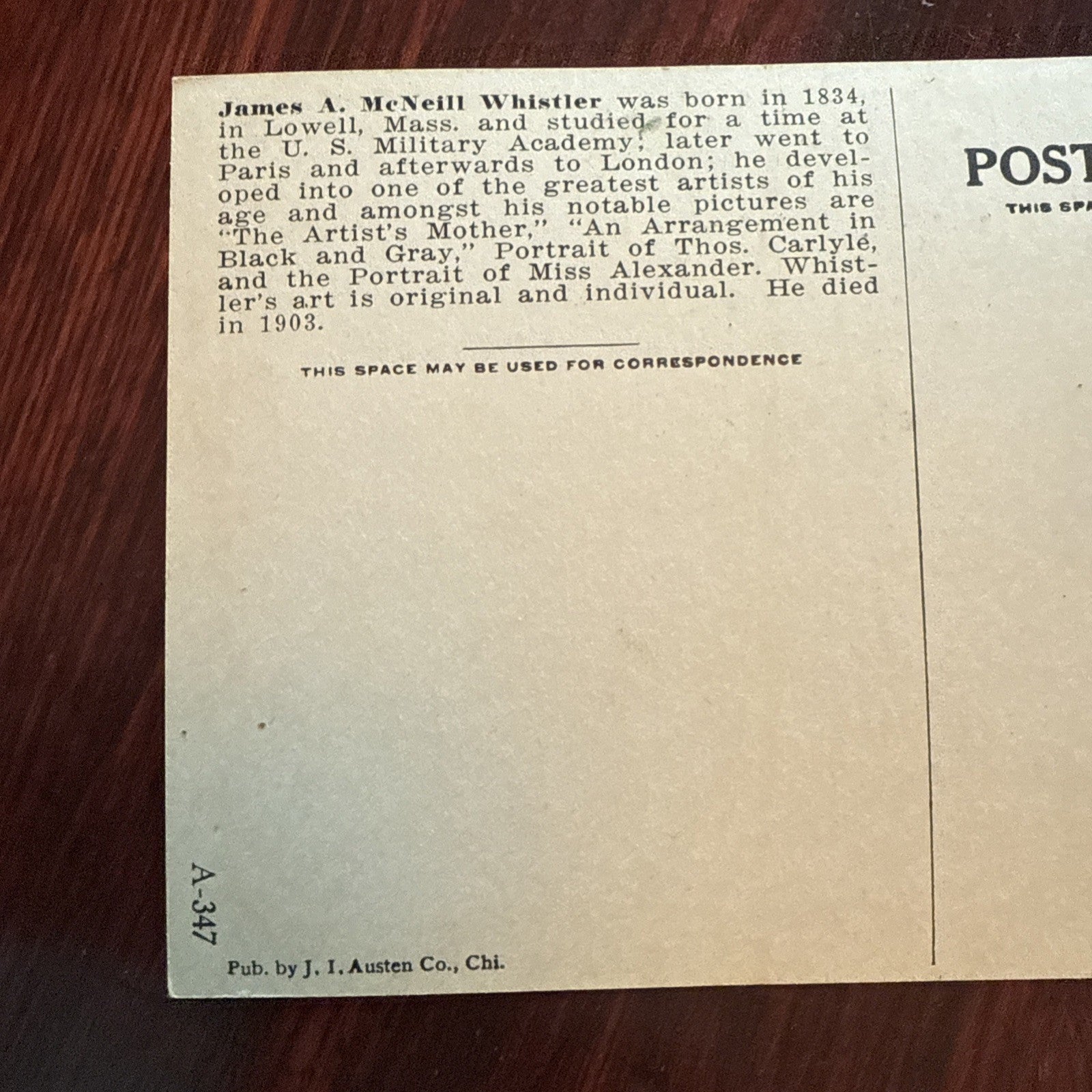 James McNeil Whistler J I Austen Postcard PEGASUS Arts Theater Writing *Scarce