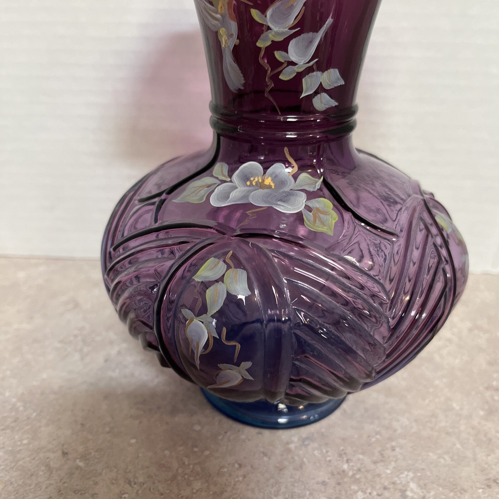 Fenton mullberry Melon Vase  H/P Floral Design, numbered & signed