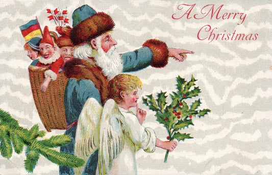 A Merry Christmas Blue Robe Santa with Angel & Holly Vtg Santa Postcard