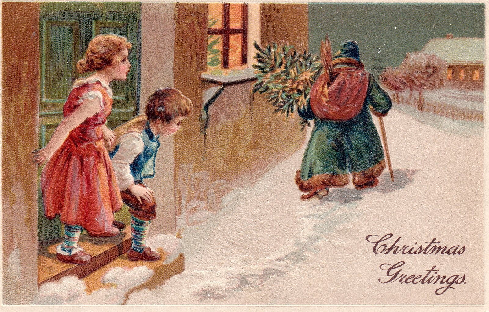 Christmas Greetings Santa Leaving Home with Christmas Tree  Vtg Santa Postcard