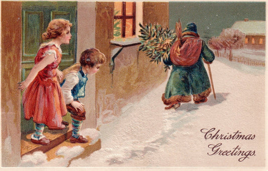 Christmas Greetings Santa Leaving Home with Christmas Tree  Vtg Santa Postcard