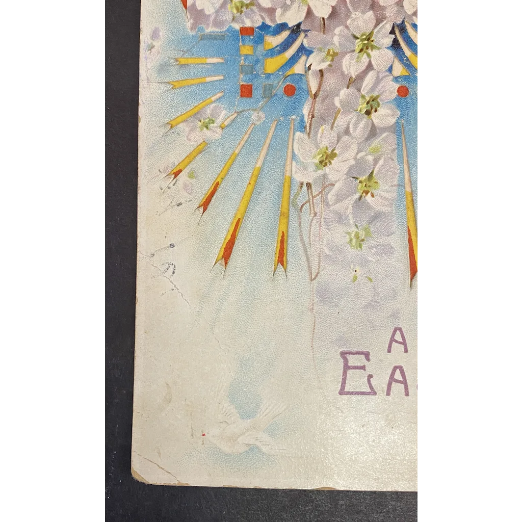 A Happy Easter Cross with Flowers Hold To the Light Vintage Easter HTL Postcard