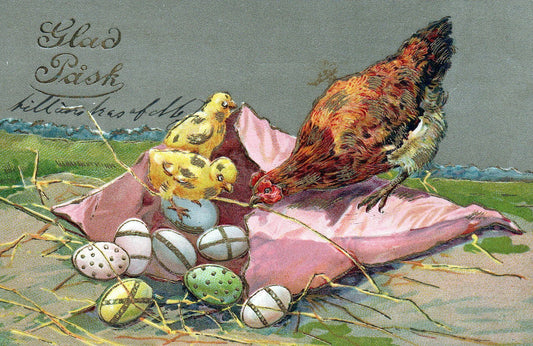 Gold Gilt Chicks and Hen Looking At Decorated Easter eggs Easter  Postcard