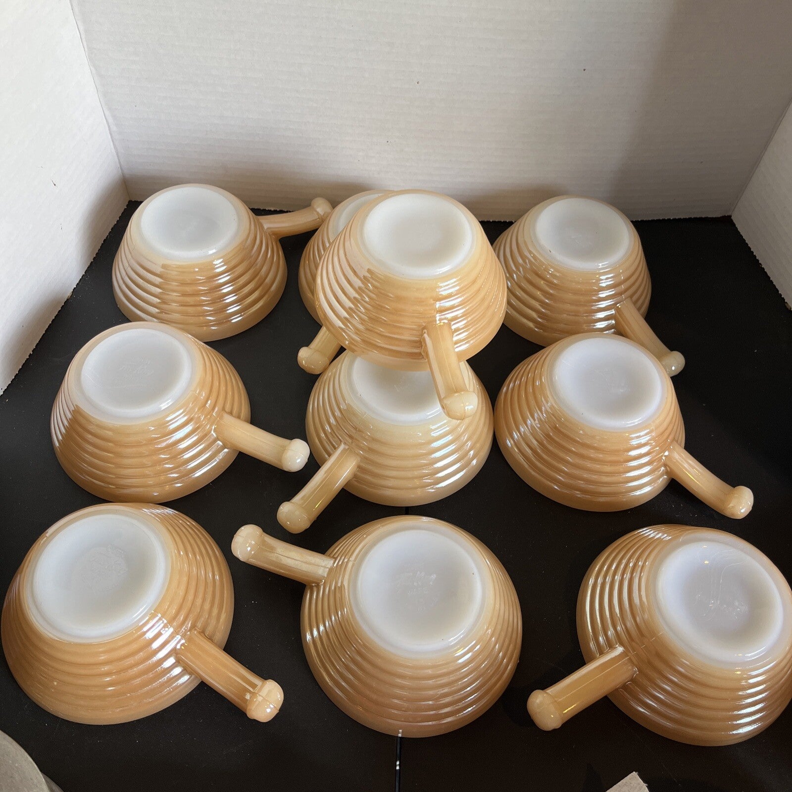 Fire King Iridescent Peach Luster Beehive Oven Ware Bowl w/Handle Vtg USA (10)