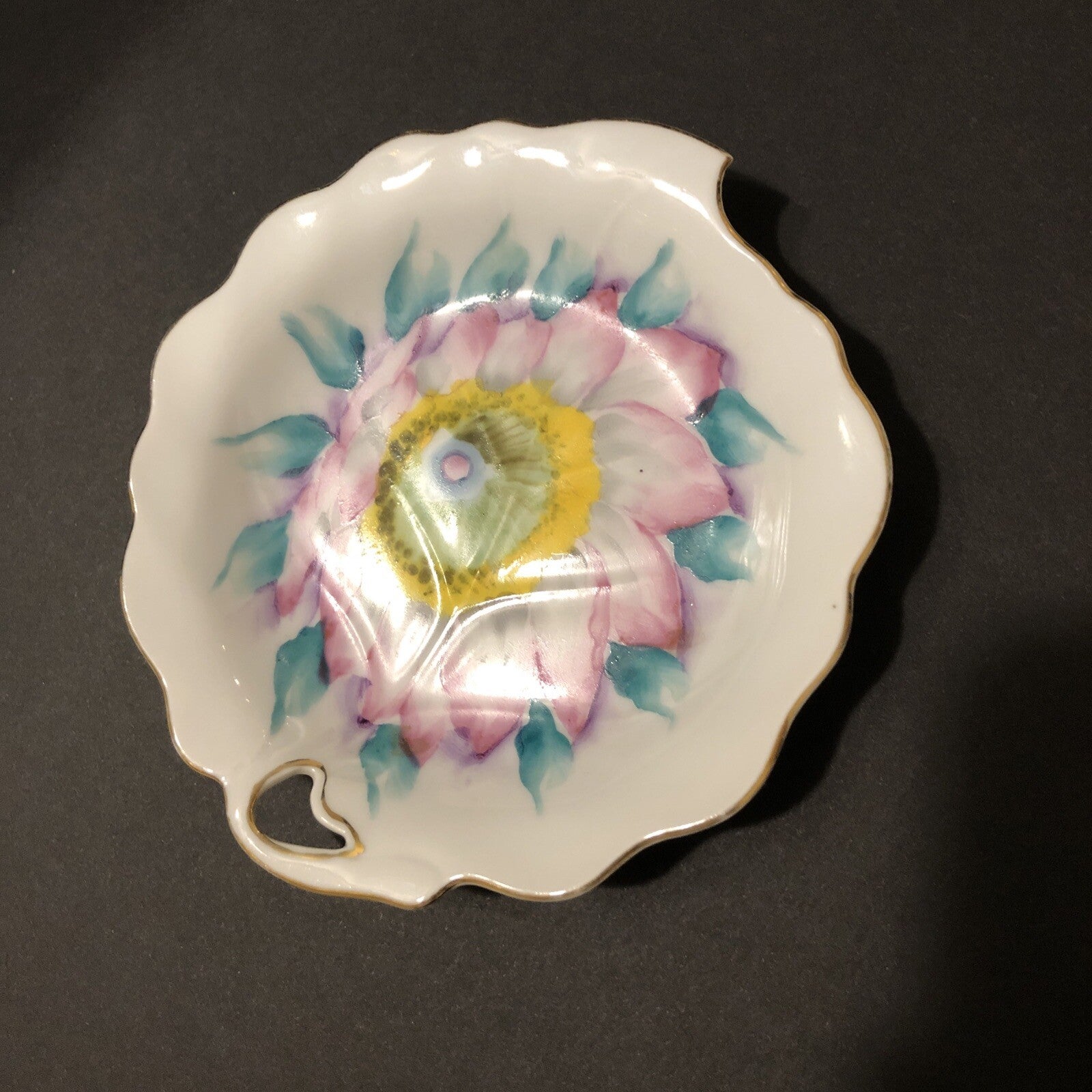 Trimont Trinket Dish 4" x 5” Hand Painted China Leaf Shape Floral Gold Trim