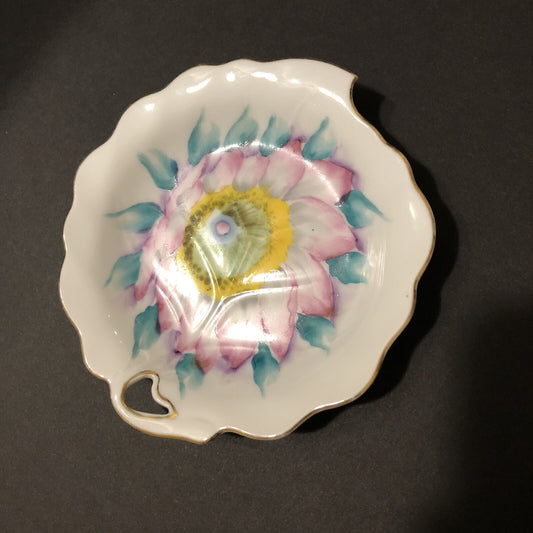Trimont Trinket Dish 4" x 5” Hand Painted China Leaf Shape Floral Gold Trim