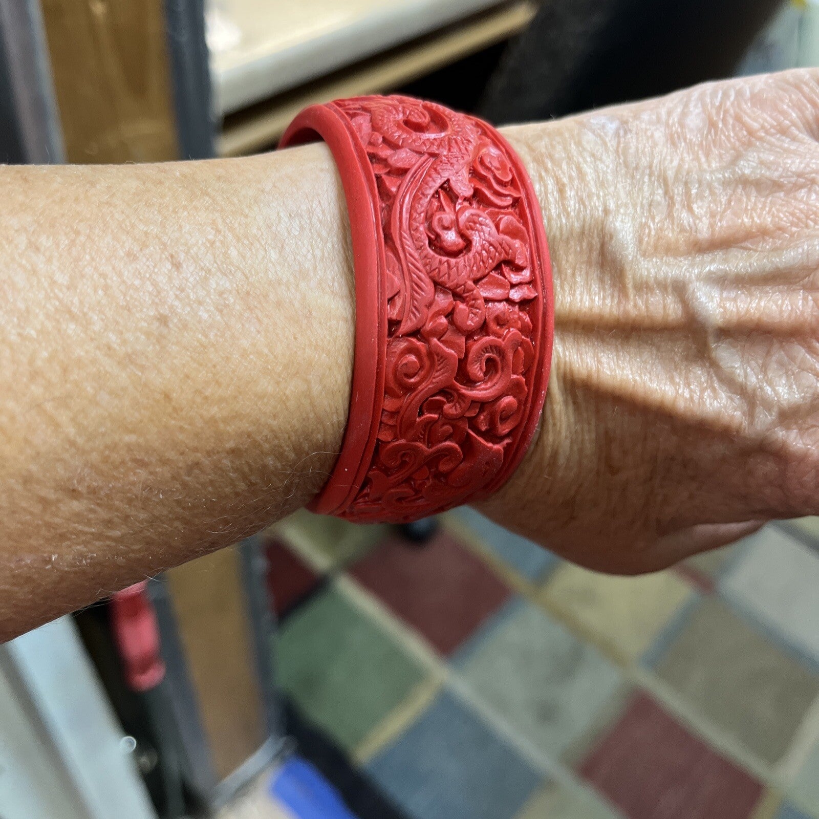 Vintage Red Carved Cinnabar Bangle wide Bracelet  