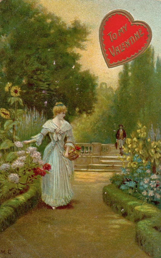 2019 Lady Walking Through Garden with Basket In Hand Valentines Postcard