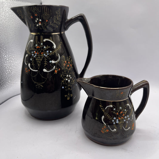 Vintage Brown Betty Pitcher & Creamer hand painted gold gilded Redware Moorage