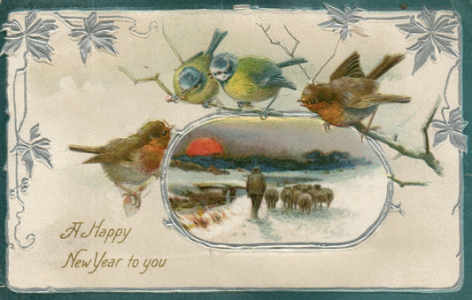 1908 Sheep Herder at sunset Happy New Year Birds on Branch Nash