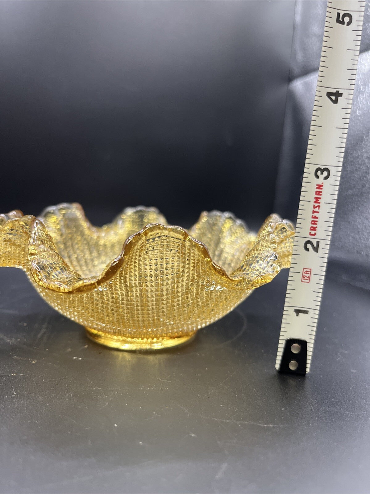 Vintage Amber Glass Waffle Pattern Bowl With Ruffled Edge