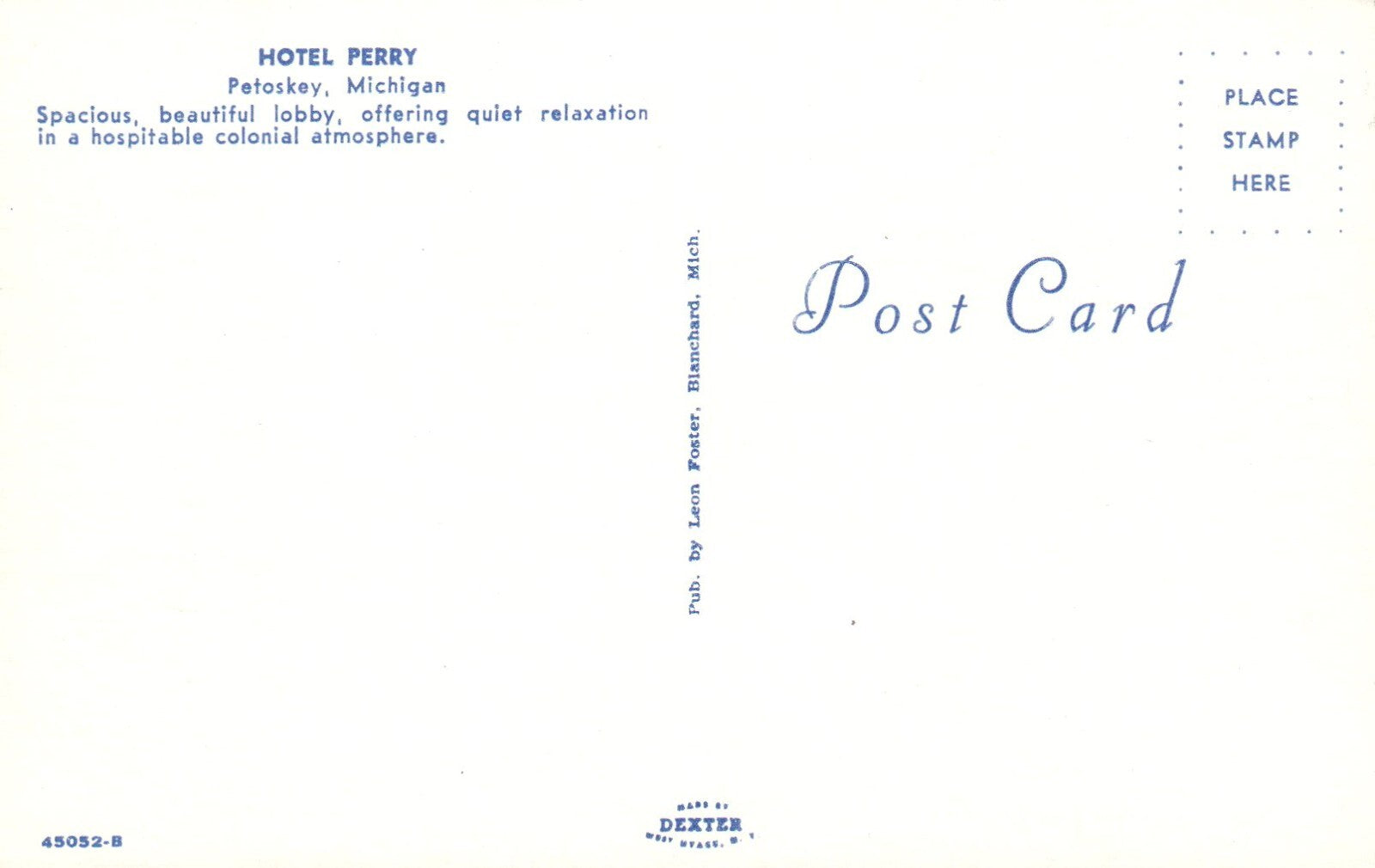 Hotel Perry Beautiful Lobby Petoskey MI Michigan Mich Postcard