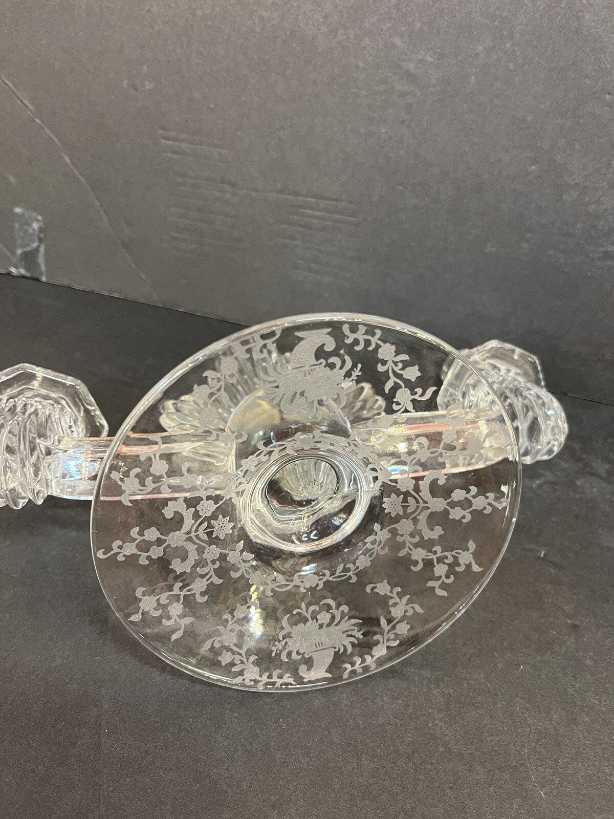 VTG art deco FOSTORIA double flame lido CRYSTAL Candleholder w/etched base (2)