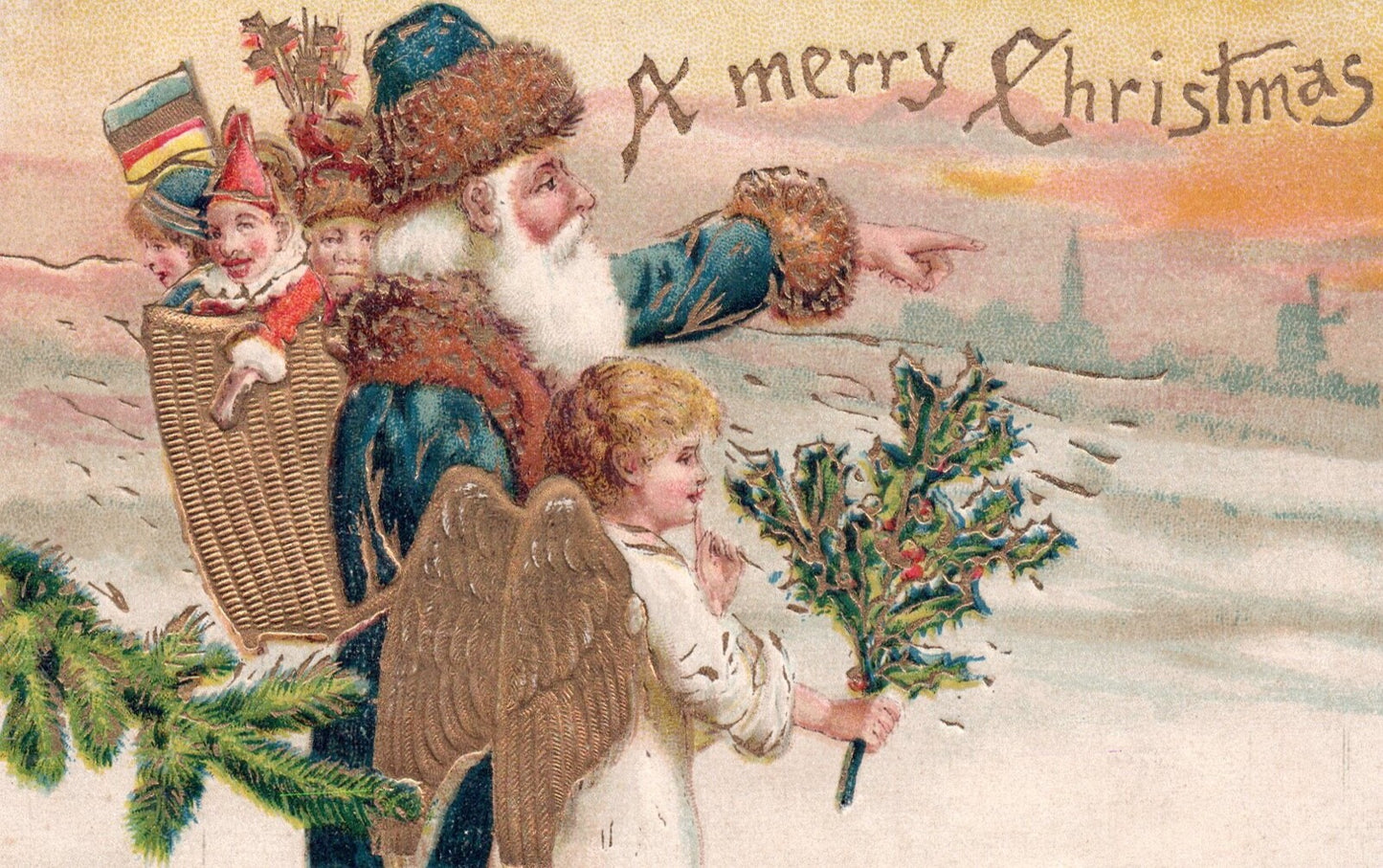 Gold Gilt A Merry Christmas Santa with Angel & Presents Vintage Santa Postcard