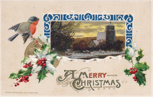 John Winsch A Merry Christmas Robin Perched on Holly Beautiful Vintage Postcard