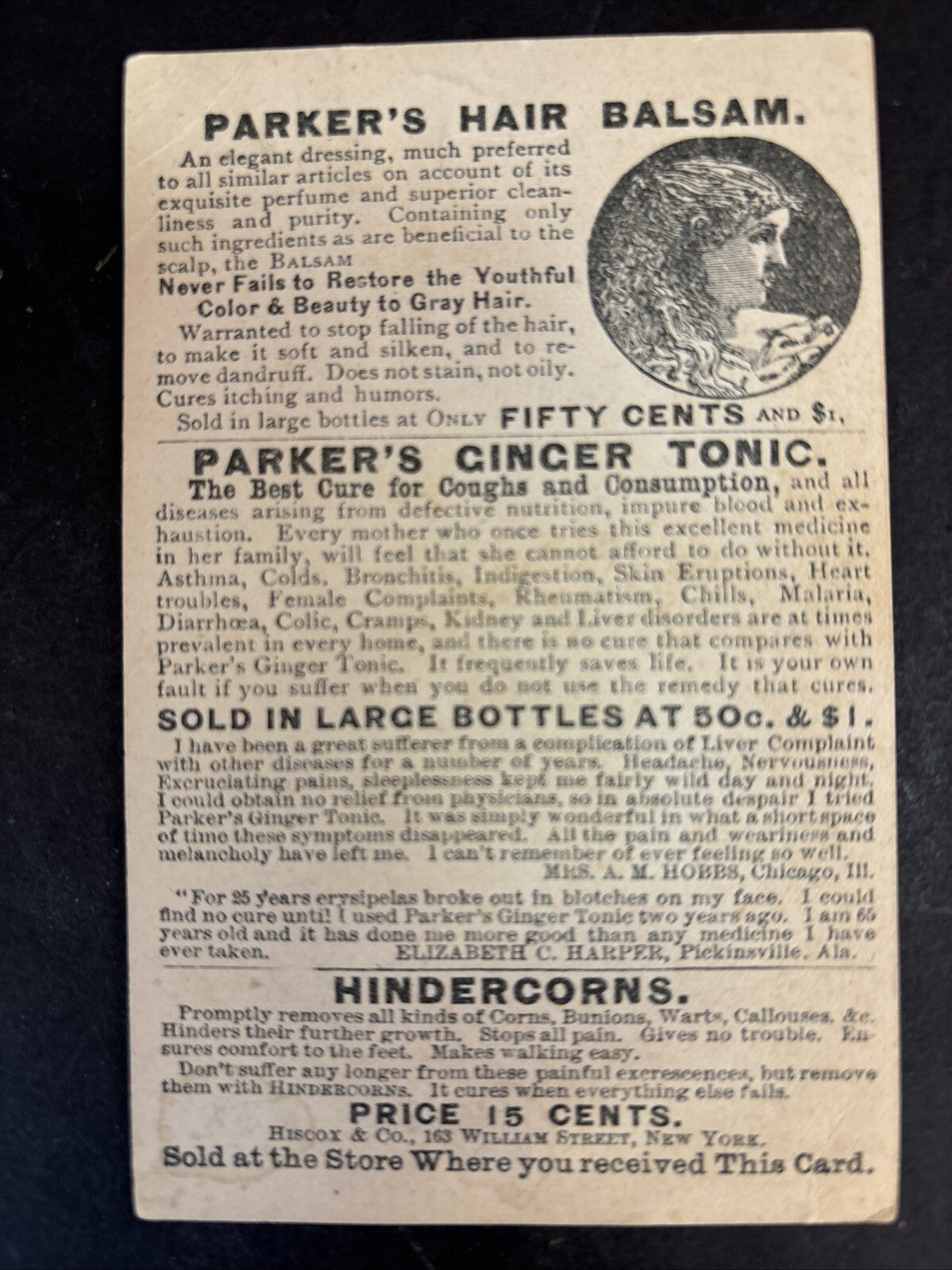 Parker's Ginger Tonic New York Hair Balm Trading Trade Card Advertising