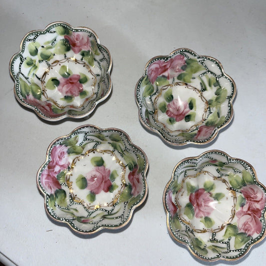 Vintage Antique Nippon Hand Painted Floral Scalloped Gilded Tiny Bowls Set Of 4