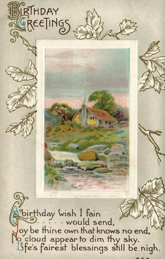 Series 101 Birthday Greetings and Poem Gold Leaves Scenic View Postcard