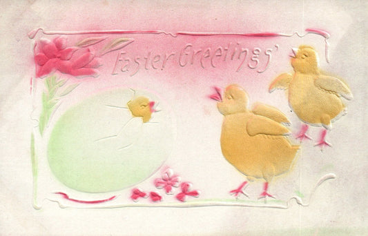  Heavy Embossed Airbrushed Easter Chicks Hatching Postcard  