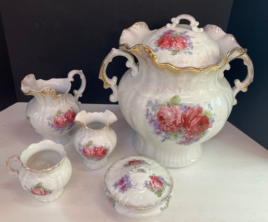 Vintage Victorian 5 piece Unmarked Porcelain Bath Commode Set