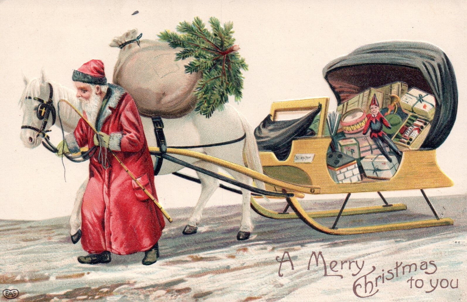 A Merry Christmas To You Santa with Horse & Sleigh Vintage Santa Postcard