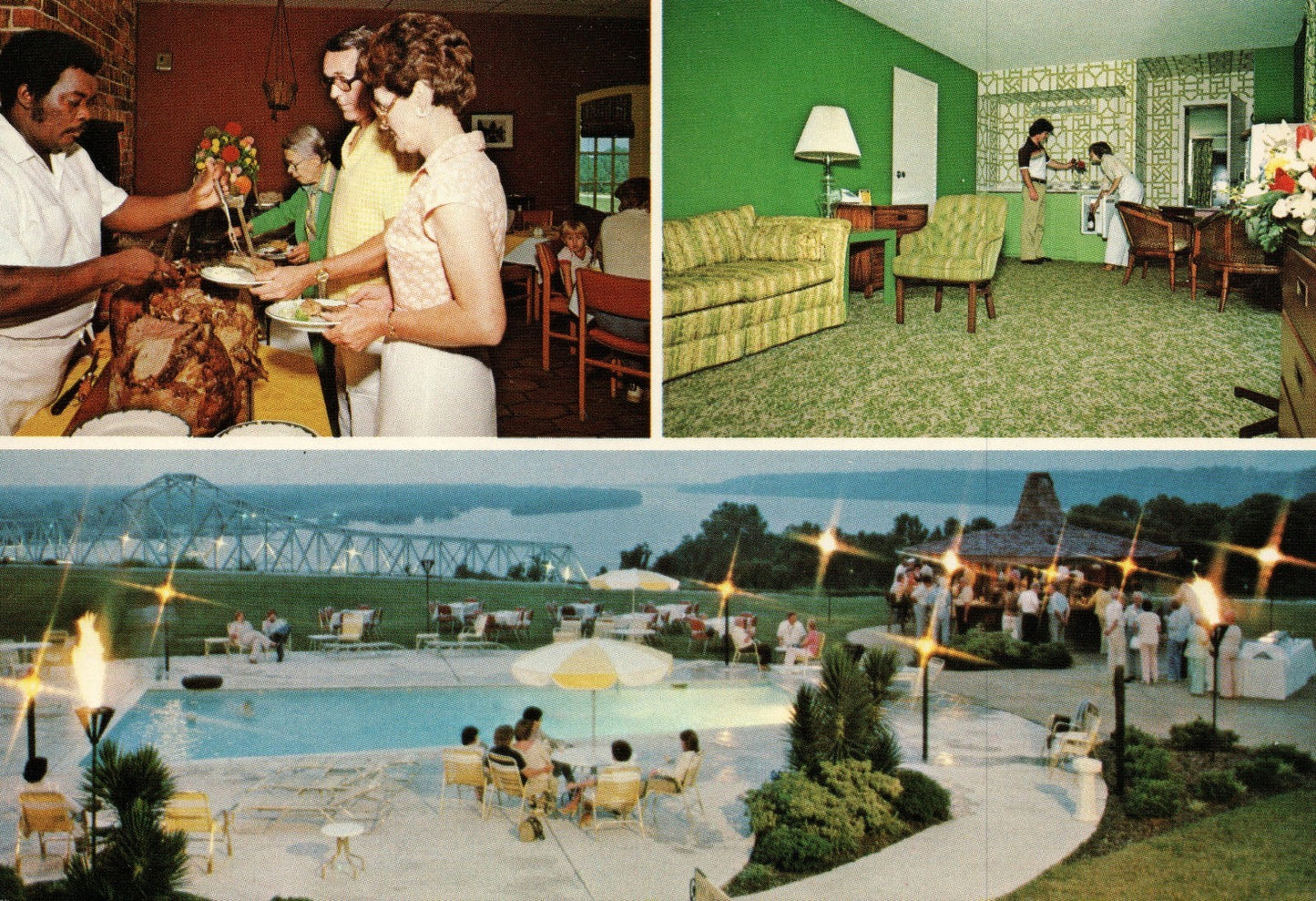 Interior Natchez Mississippi MS Ramada Hilltop Pool buffet Green Room Postcard 