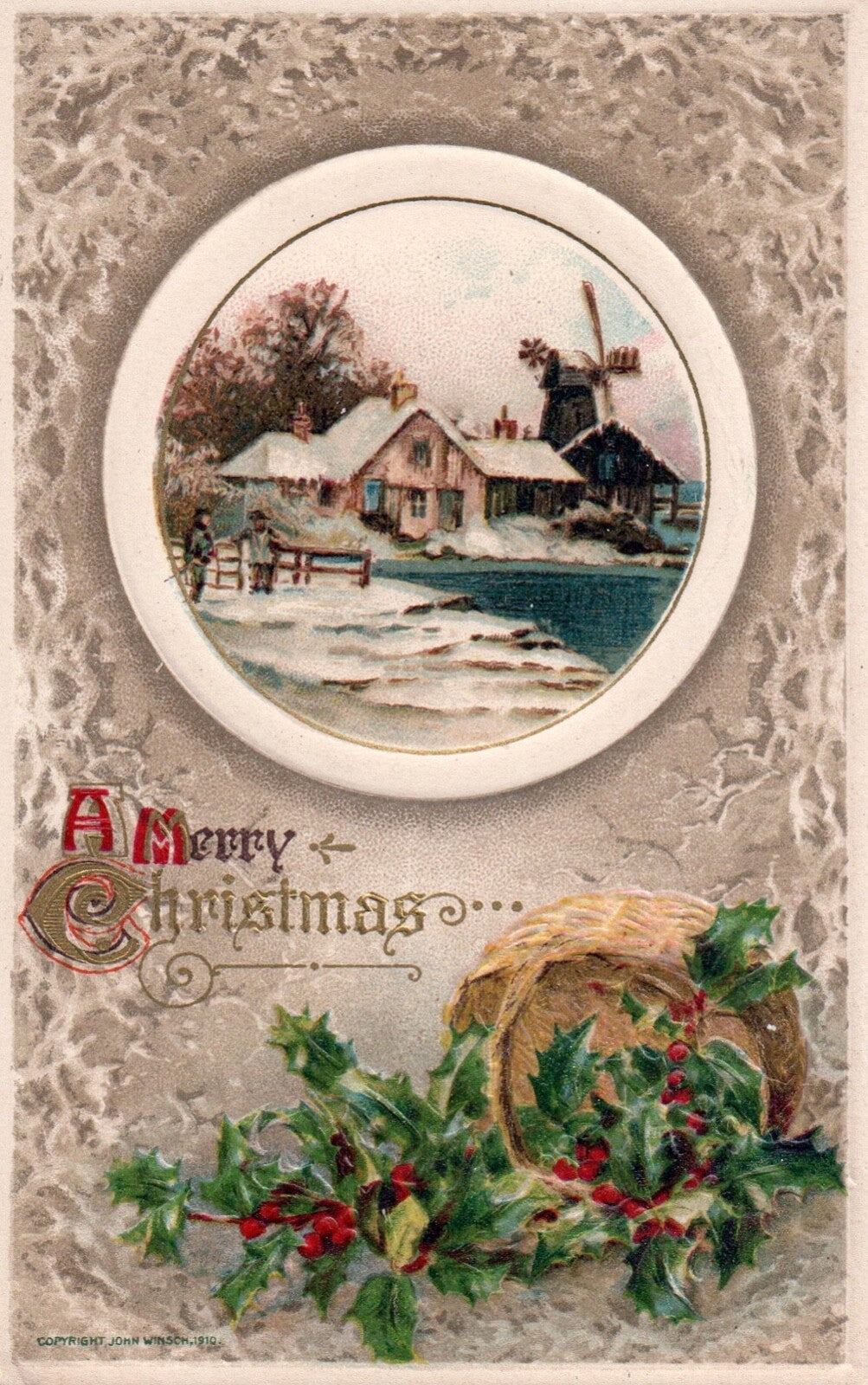John Winsch A Merry Christmas Basket of Holly Vintage Postcard