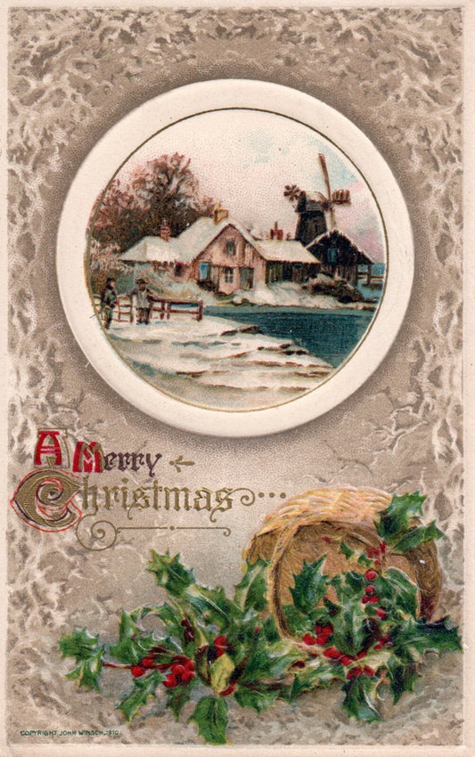 John Winsch A Merry Christmas Basket of Holly Vintage Postcard