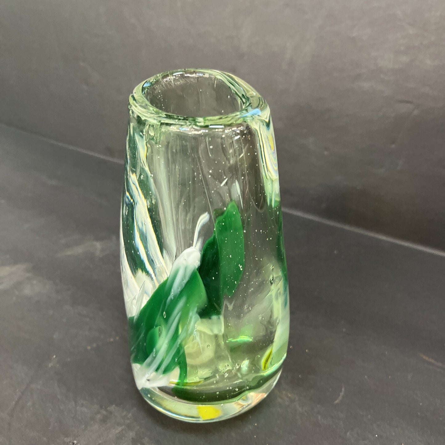 Italian Murano Art Glass Vase, 7" Green/white Hand Blown