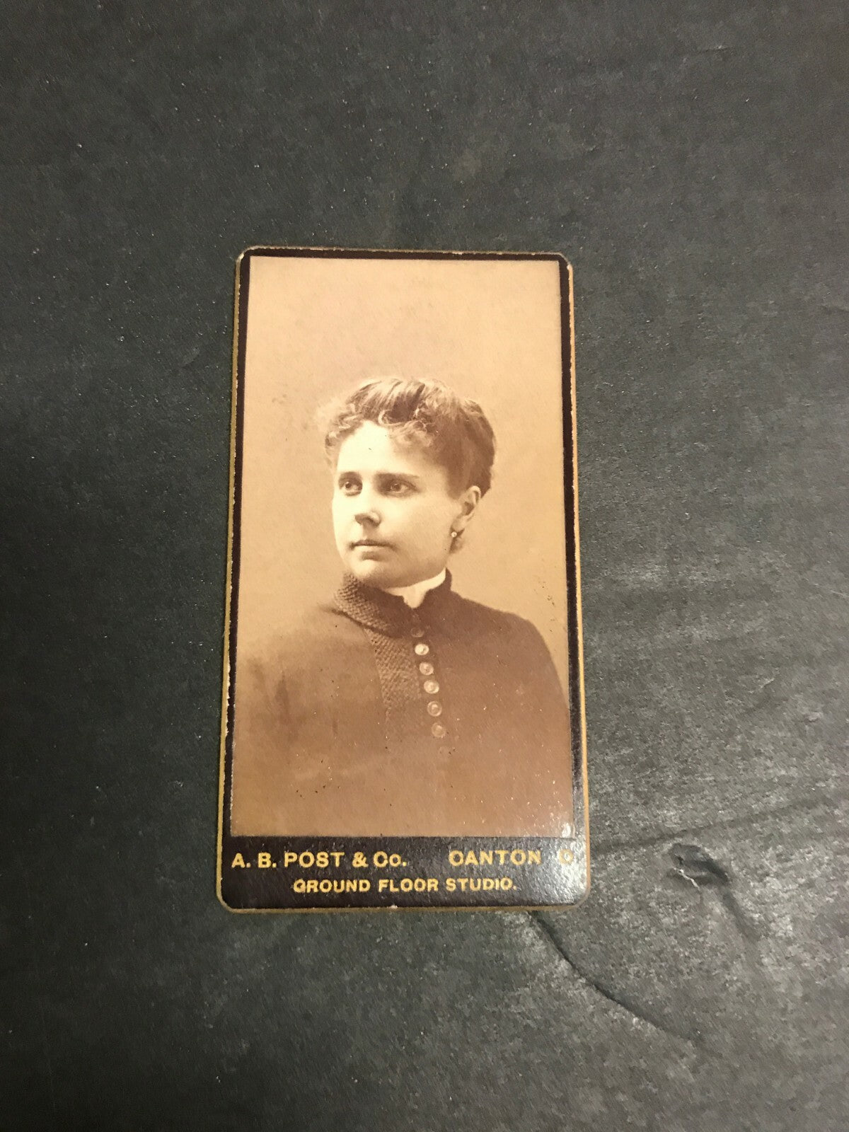 Real Photo Vintage CDV Woman Girl Lady Dress Buttons Up Do Hair AB Post Co