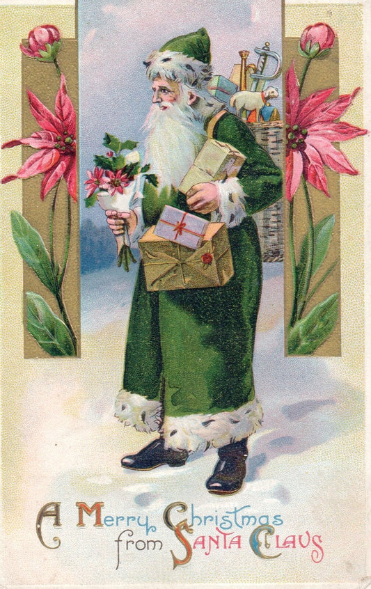 A Merry Christmas from Santa Claus Green Robe w/ Presents Vintage Santa Postcard