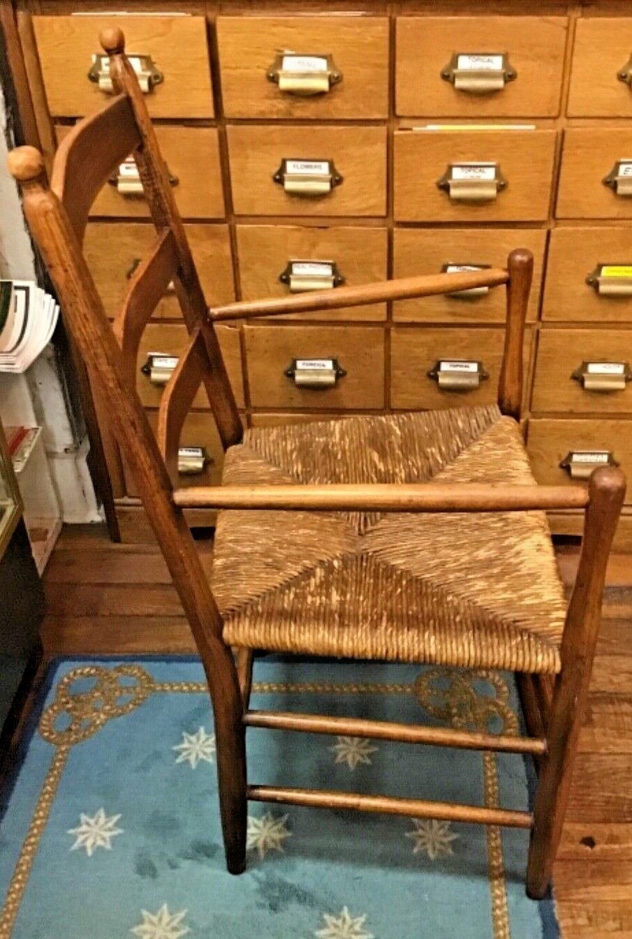 Antique Wood Shaker Ladder Back Rush Seat Arm Chair