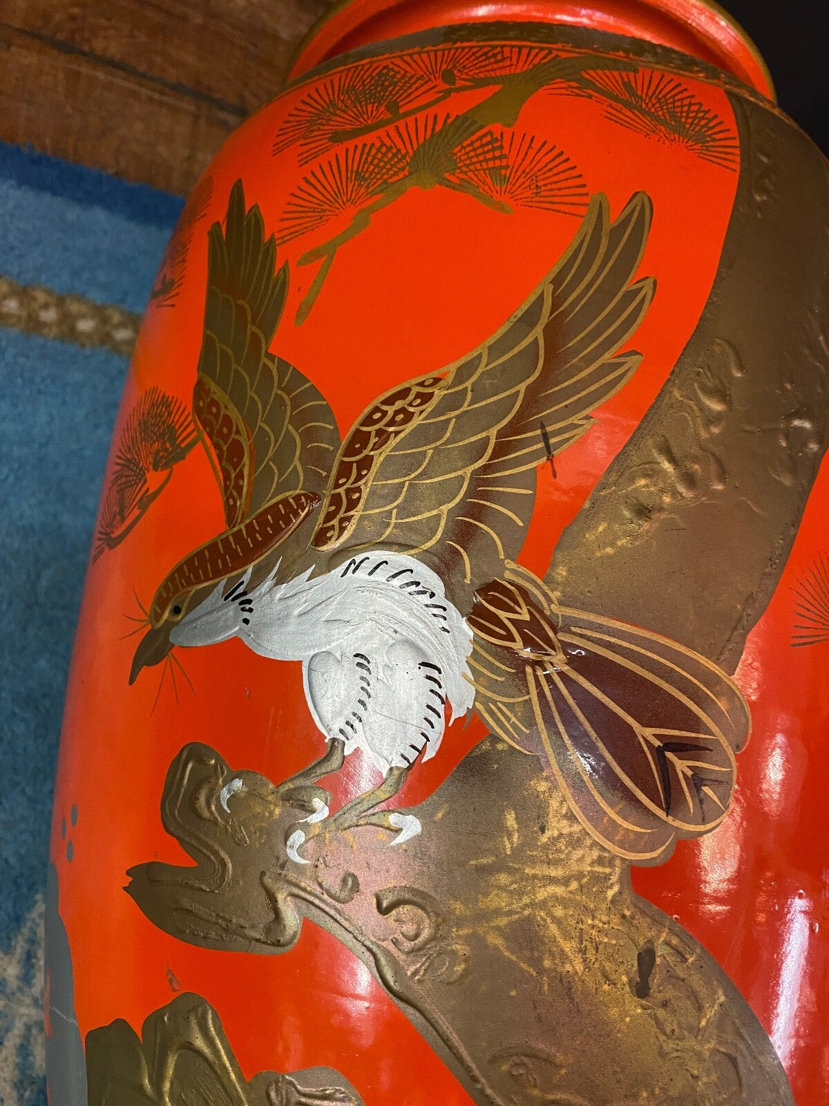 NORLEANS JAPAN 1920 Chinoiserie Cinnabar Style Mother of Pearl Color Orange Vase