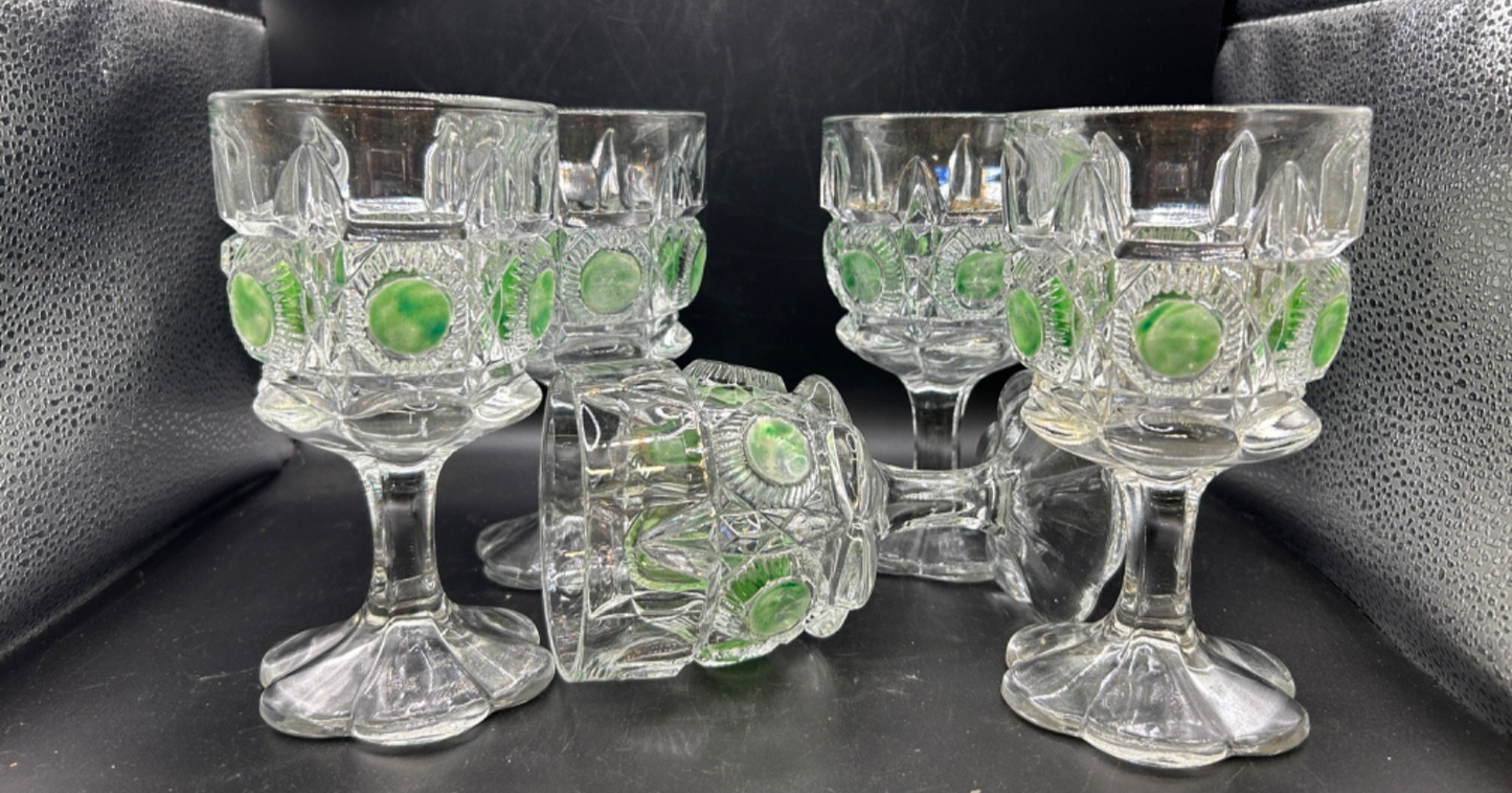 EAPG Newport 5X Goblets Glass Bull's Eye & Daisy Green Stain