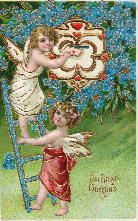 Gold Embossed Angels on ladder forget me not flowers Valentine Postcard Lady 336