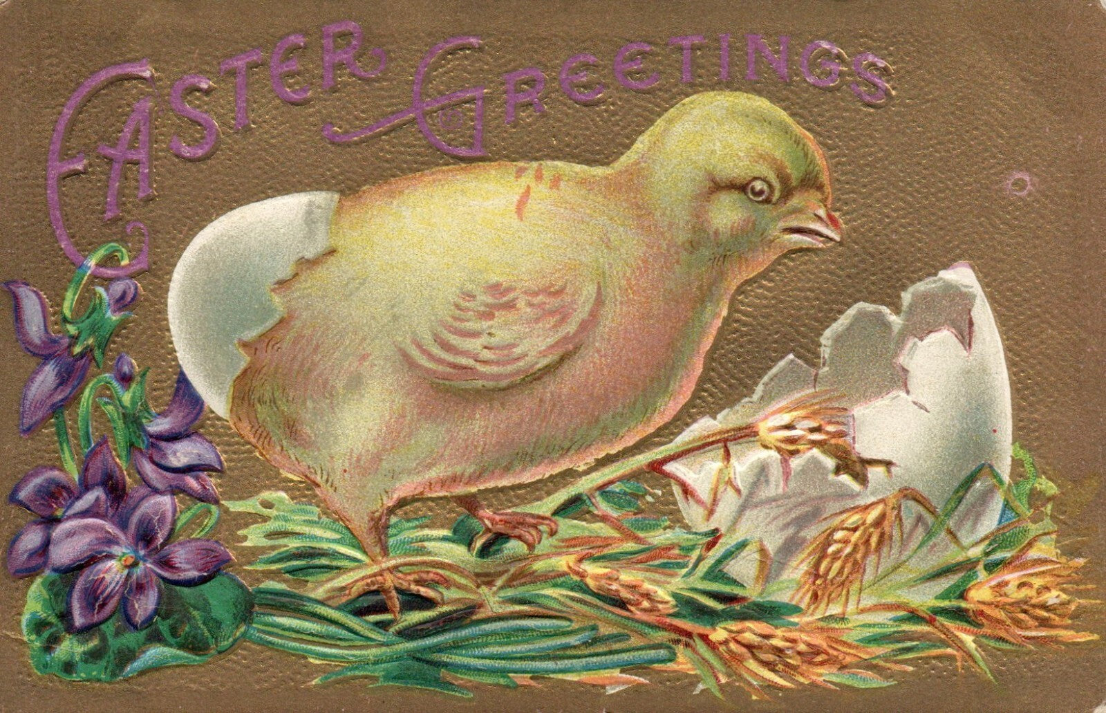 Embossed Gold Metallic Chick Hatching From Egg Easter Greeting Postcard