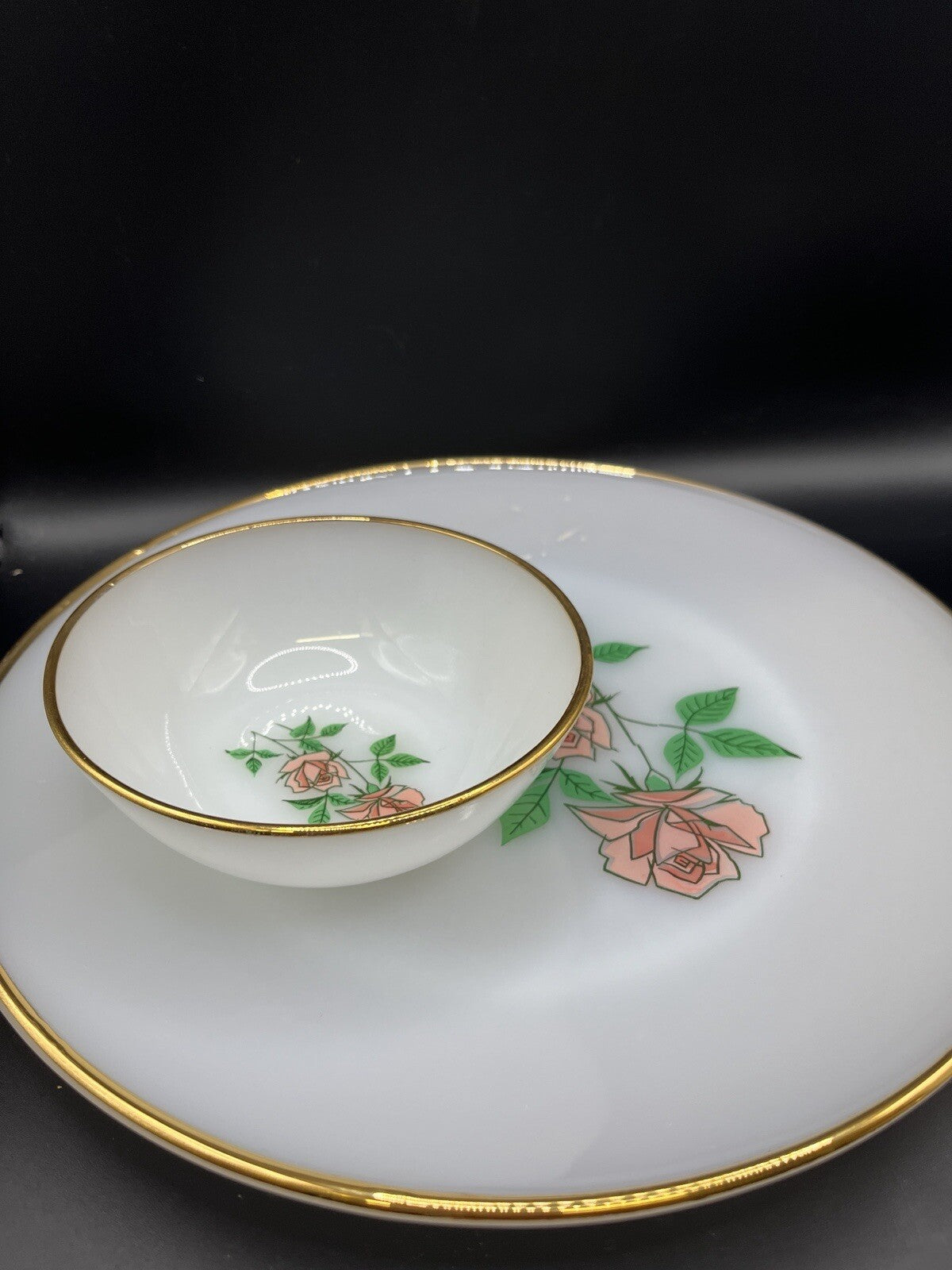 Vintage Anchor Hocking Fire-King Anniversary Rose 4 Plates, Bowls, & Cup & Sauc