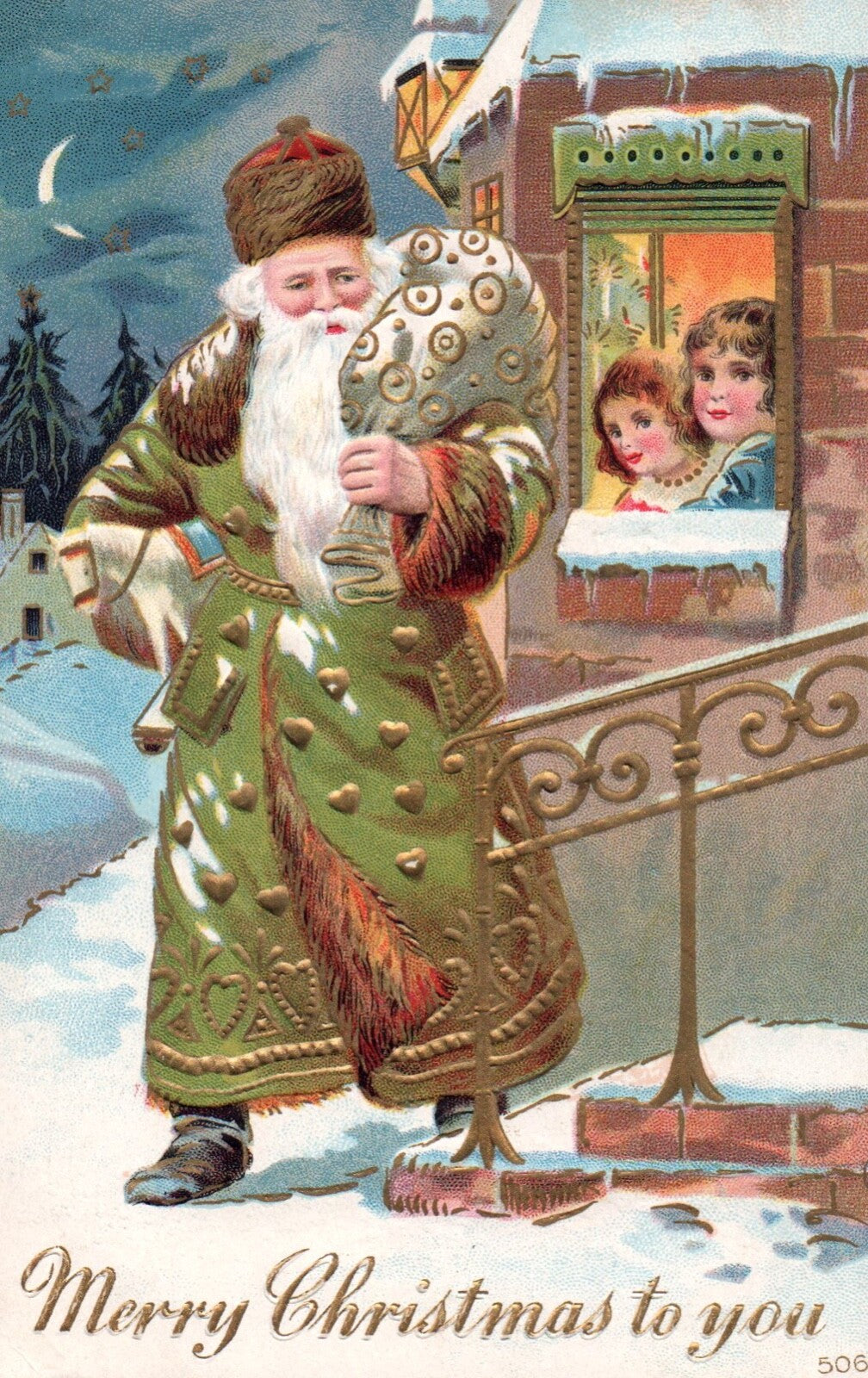 Green Robe Santa Merry Christmas To You Gold Gilt Vintage Santa Postcard