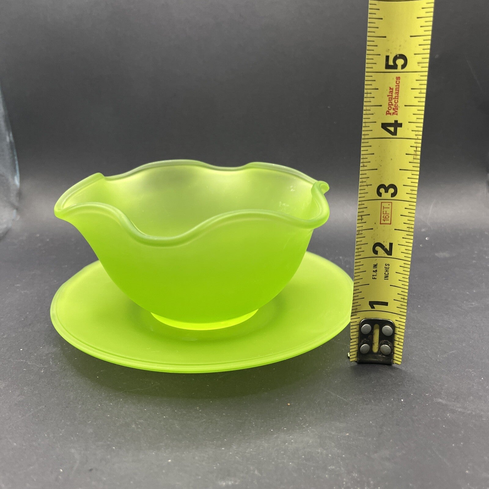 Vintage Green Satin Frosted Depression Glass 5" Bowl & 6" Saucer