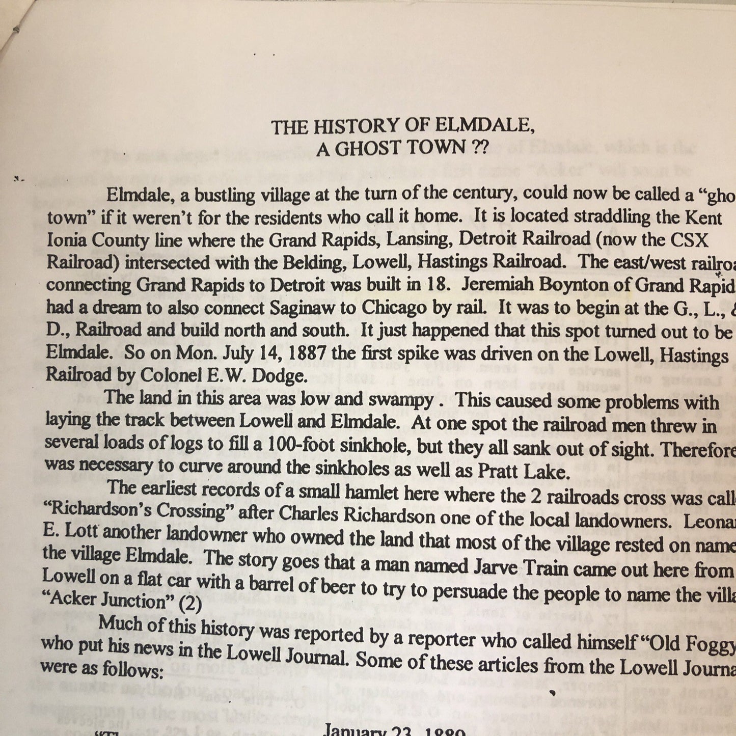 History of Elmdale A Ghost Town written for Bowne Township Historical Society