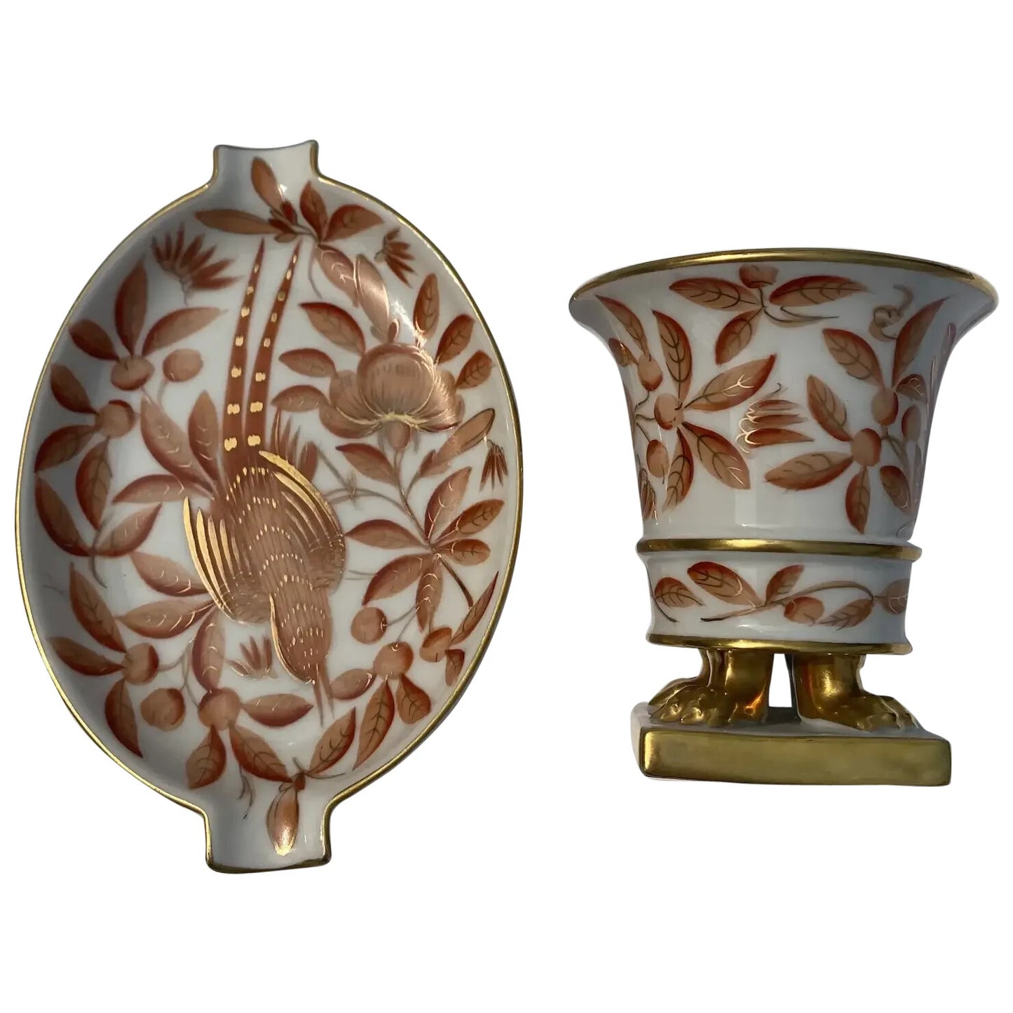 Vintage Herend Hungary Porcelain Small Footed Cache Vase Matching Ashtray Bird