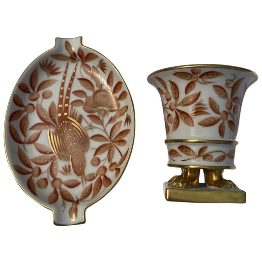 Vintage Herend Hungary Porcelain Small Footed Cache Vase Matching Ashtray Bird