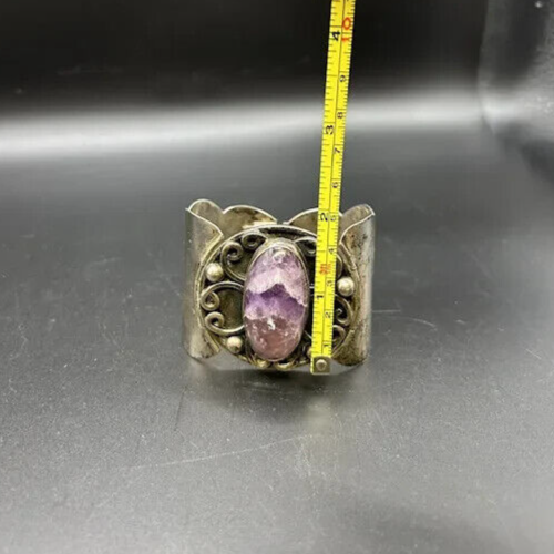 Vintage Hecho Mexico Sterling Silver 925 Amethyst Native Cuff Bracelet