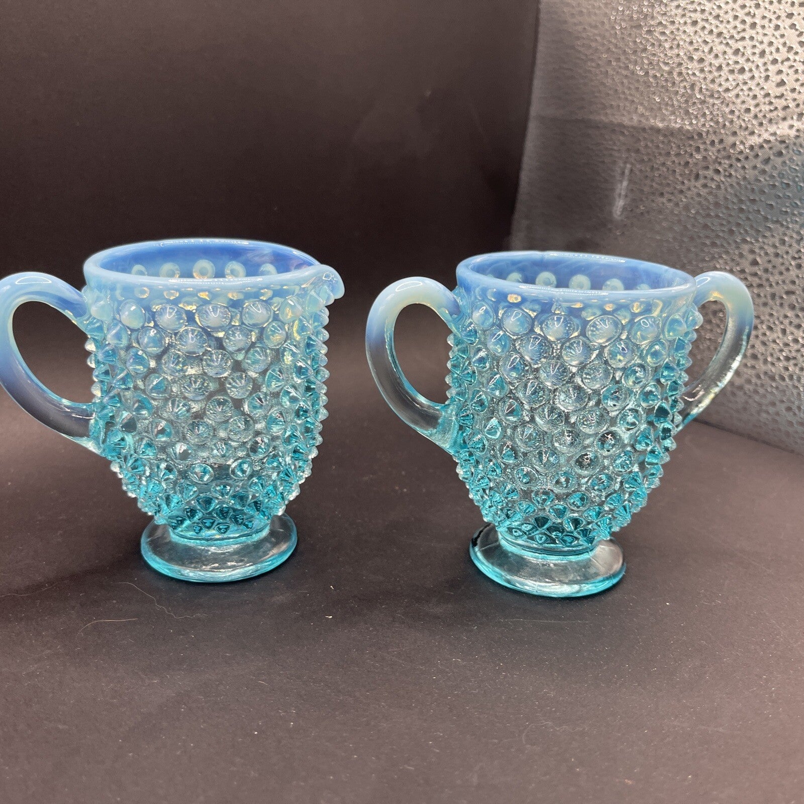 Fenton Glass Blue Opalescent Hobnail Creamer Sugar Bowl Set Lot Handle 3.5 Inch