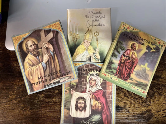 Vtg Booklet Miniature Stories of the SAINTS Book IV, III, Book One & Keepsake