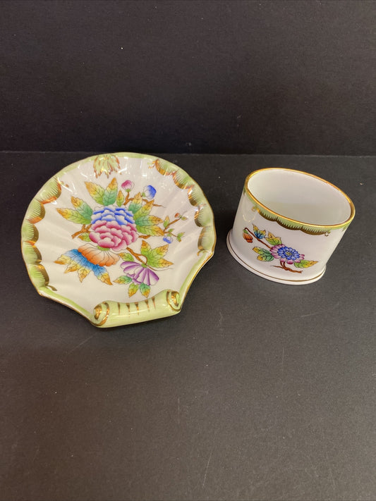 Lot of 2 Herend Queen Victoria Peony Shell Dish Hungary Toothpick Holder 1839