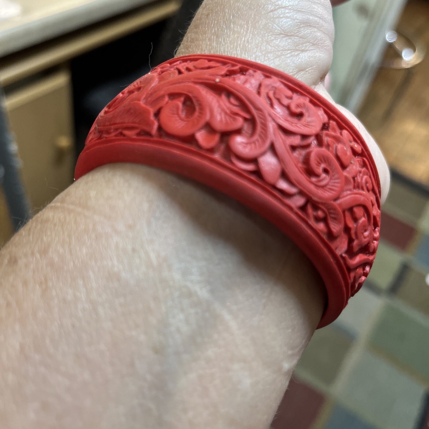 Vintage Red Carved Cinnabar Bangle wide Bracelet  