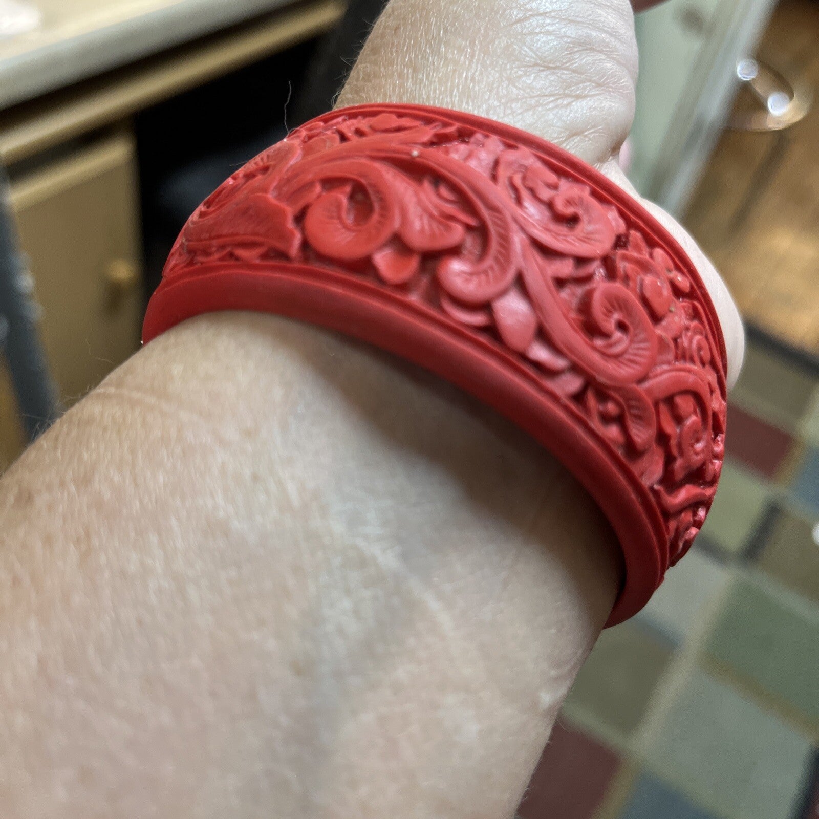 Vintage Red Carved Cinnabar Bangle wide Bracelet  